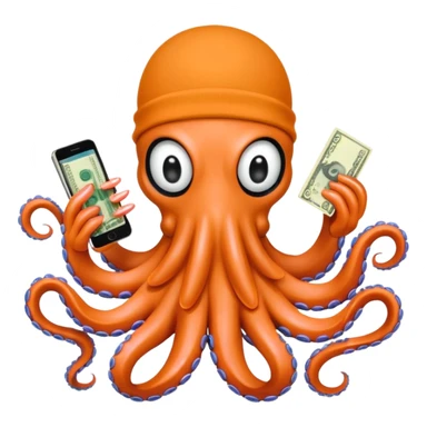 Intimidating octopus with pearl black skin, neon peach colored suction cups. Violent looking octopus is wearing a white balaclava and thick shiny gold necklace. 2 tentacles are holding their own cellphone, 2 more tentacles are holding stacks of money. sticker