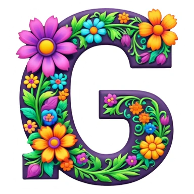 3D, gothic style psychedelic colored Letter “G” with hippie style flower border sticker
