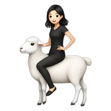 Asian girl with shirt black hair, black dress, riding on a lamb sticker
