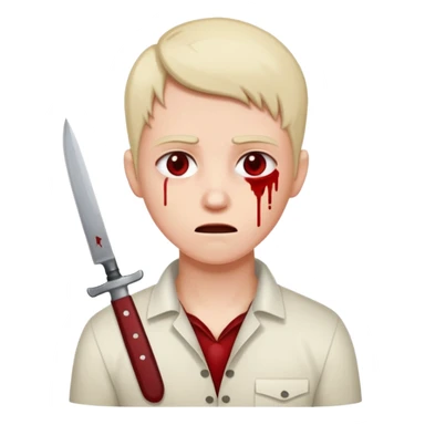 A person with a knife that looks tired and there’s blood on their neck sticker