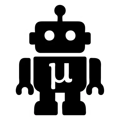 solid icon, blue lowercase mu, toy robot in background, simple and bold sticker
