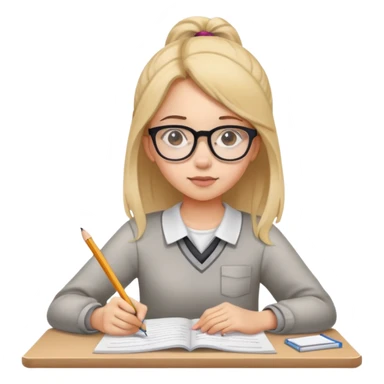 Girl student with glasses focused on exam papers, writing with pencil sticker