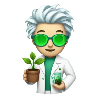cyborg scientist wearing a lab coat and holding a small plant, woman with green hair, undercut hair cut sticker