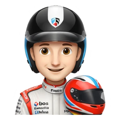 Robert Kubica, smiling, holding a racing helmet sticker