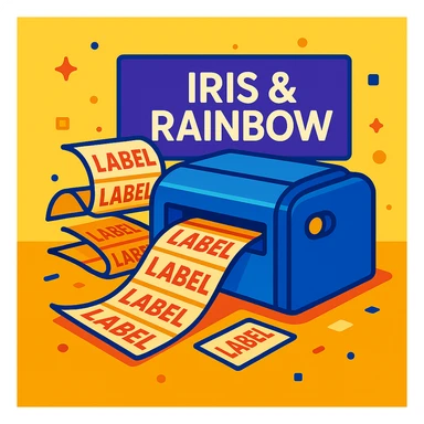 Change the background color behind the 'Iris & Rainbow' logo to purple. Do not add a rainbow to the logo. Keep the rest of the scene the same: a printer printing many labels, vibrant and clear. sticker