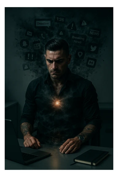 A highly realistic, cinematic image of a young man in his early 30s, sitting at a modern office desk under harsh artificial lighting, shoulders hunched, jaw clenched, and breathing shallowly, symbolizing how modern society forces people to live in a state of chronic tension and restricted breathing. Around him, faint black and grey visual elements represent notifications, deadlines, social media icons, and news alerts, swirling around his head like a chaotic storm, symbolizing societal pressure. His chest appears visually tight and compressed, and faint dark smoke emanates from his body, representing blocked breath and internalized stress. In contrast, a faint glowing light near his chest and abdomen tries to expand, symbolizing the innate desire of the body to breathe freely and deeply. The environment is cold and minimalistic, with a sense of stillness and tension, captured in a hyperrealistic 35mm film style with muted colors, focusing on the man's tense posture and restricted breathing to reflect the unseen burden of modern living. in italiano sticker