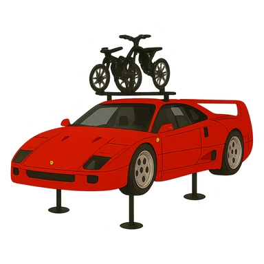Make the two Sur-Ron electric bikes on the roof rack much smaller, to proper scale—significantly smaller than the cartoonish Ferrari F40, as they would be in real life. Keep the background transparent. sticker