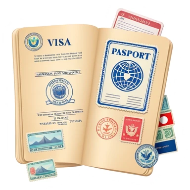 Travel visa document with stamps and passport sticker