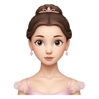 Cinematic Realistic ballerina Portrait, depicted with lifelike skin texture, subtle rosy undertones, and soft natural lighting that enhances the gentle contours of her face. Her intricately detailed sweet brunette hair is elegantly styled, sticker