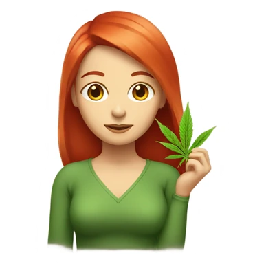 female red hair, sitting, holding marijuana leaf  sticker