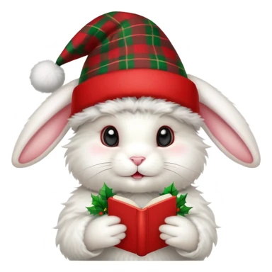 fluffy white angora rabbit wearing red and green plaid Christmas hat held in hands sticker