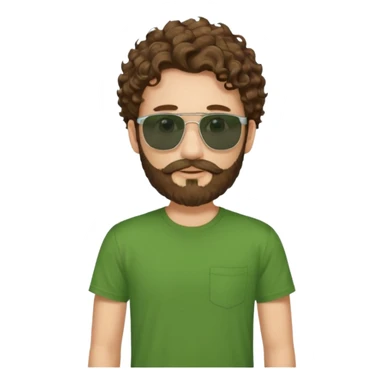 a self asured white male. brown hair. green t-shirt. blue background 5 days beard. sunglasses. longer curly hair sticker
