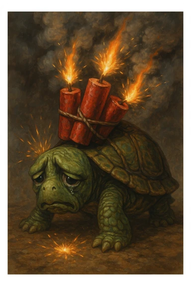 A green turtle with a sorrowful face, firecrackers tied to its back, the firecrackers are burning and the turtle looks hurt sticker