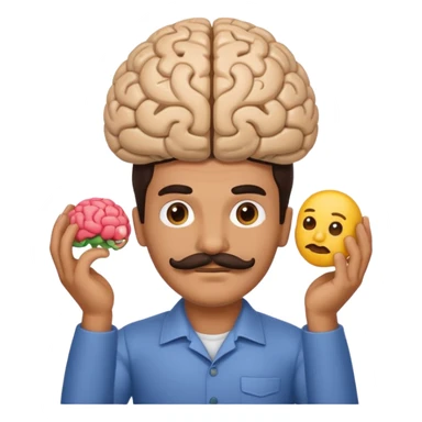 mustachioed man with dark hair holding a brain as an emoji no curl to mustache  sticker