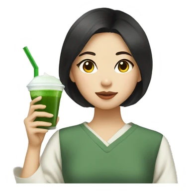 Asian girl with light skin dark hair drinking matcha  sticker