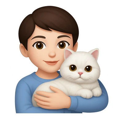 Brunette woman snuggling white Persian cat, emoji style, with a pixie cut sticker
