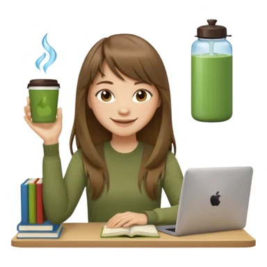 a designer with light skin long brown hair bangs waving, stack of books, coffee cup on top, water bottle, computer, matcha, no glasses sticker
