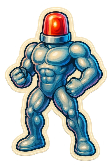 silver muscular robot with a red police light head, standing in a heroic pose, retro stickers style sticker