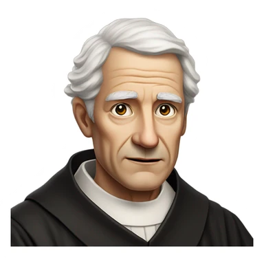 "An older man with thinning white hair, a weathered face, and a solemn expression. He wears a black robe with a clerical collar and holds a Bible or rosary, standing in a modest church." sticker
