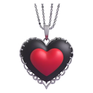 3D emoji gothic heart, black satin texture, silver chain wrap, blood red gem sticker