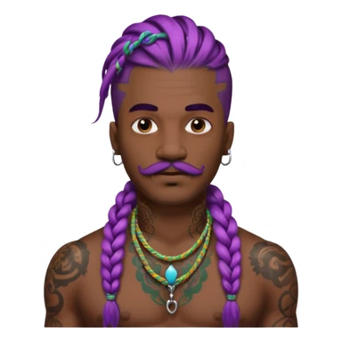 big lose braids starting from the top of the head man with mustache face wiith big visible braids and lots and lots of face tattoos colored tattoos like a tattoo artist hair unique color sticker