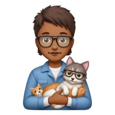 Glasses and mustach holding a kitten, the person should be brown and have a wolf cut mullet sticker