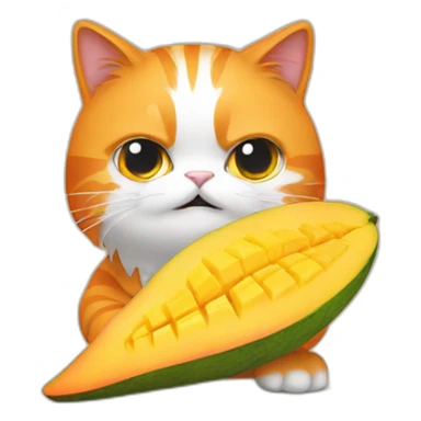 orange hairy cat eating mango with grumpy face and long tail sticker