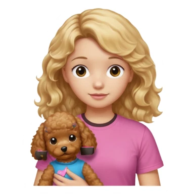 hazme un emoji que sea una niña rubi con el pelo ondulado i una camiseta rosa que ponga brownie, i acariciando a un perro (caniche toy) si pero con el pelo mas largo i no tan rubia el pelo marron i no rubia sticker