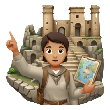 Icon for Documentary Film: A traveler in casual clothing standing and pointing towards ancient ruins, explaining history. The scene should evoke a sense of exploration, with the traveler holding a map or scroll. Include crumbling stones and historical artifacts. Transparent background. sticker