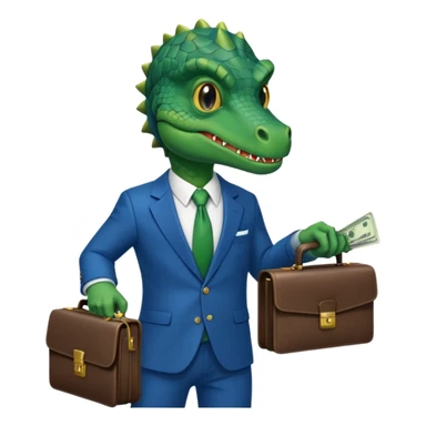 reptilian in a blue suit holding cash and a briefcase sticker