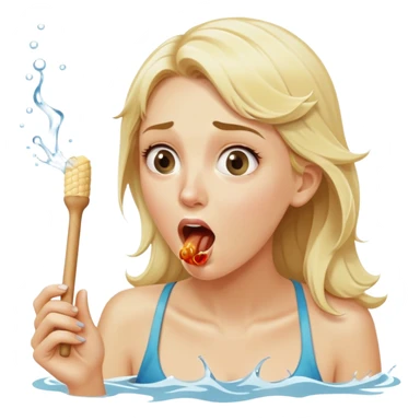 blond woman eating a wide stick the same color as her skin, with a bite taken out of the edge, water stream squirting directly from the stick into her open mouth, surprised expression sticker