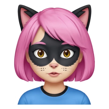 Black cat wearing a pink hair wig, blue T-shirt sticker