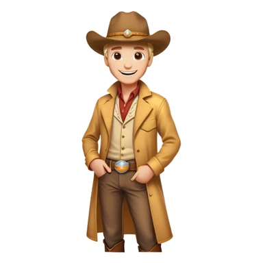 Clash of Clans aesthetic Cheerful Cowboy Portrait Emoji, With a bright, confident smile and a relaxed, adventurous stance, showcasing a stylized, spirited build in a duster coat and classic hat, his face rendered in natural skin tone, Simplified yet expressive features, highly detailed, glowing with a soft, golden western radiance, high shine, upbeat and daring, stylized with an air of classic cowboy allure, soft glowing outline, capturing the essence of a cheerful cowboy ready to gallop into epic adventures! sticker