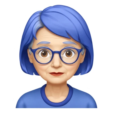 old lady with cobalt hair, wearing glasses, slight curl short hair, long face sticker