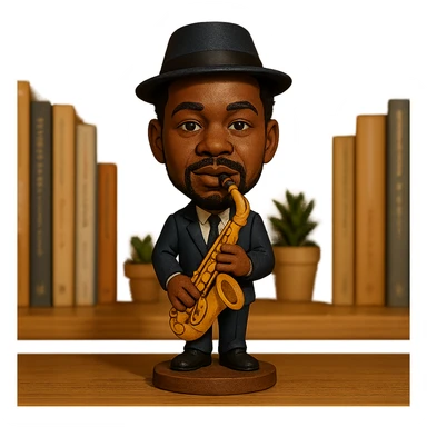 illustration of a jazz musician with a saxophone in bobblehead style sticker