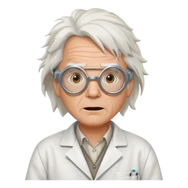 Doc Brown from Back to the Future, wild white hair, goggles on forehead, surprised expression, lab coat sticker