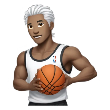Chinese idol wearing white straps, gray pants and black shirt with white hair, holding a basketball in his right hand sticker