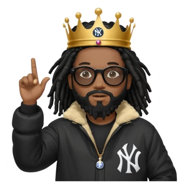 African American man with shoulder length black dreadlocks with black beard wearing black sunglasses wearing Crown on his head wearing a black bubble m New York Yankees logo winter coat pointing up and out sticker