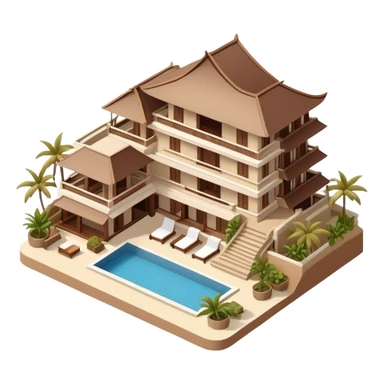 Isometric exterior brown and beige luxury Balinese beach resort hotel, dollhouse style 3D realistic  sticker