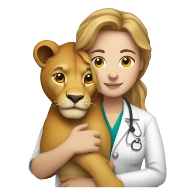 Woman veterinarian with light brown hair cuddling a lion sticker