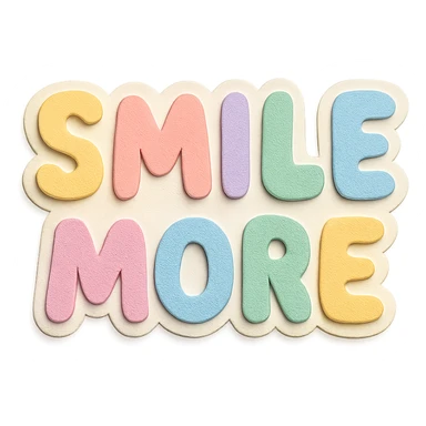 "Smile More" in soft pastel rainbow puffy lettering, cute bubble font, no frame, isolated for stickers, transparent background sticker