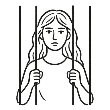hand drawn outline style of a golden girl with long hair behind jail bars sticker