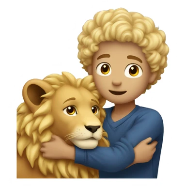 curly short hair blonde boy hugging a lion sticker