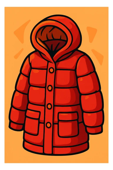 red winter coat for women, cozy and warm, with a hood, vibrant toon style sticker