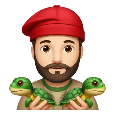 man with beard, red cap and turtles sticker