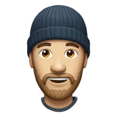 a man with a long jaw, shaved beard, and beanie hat sticker