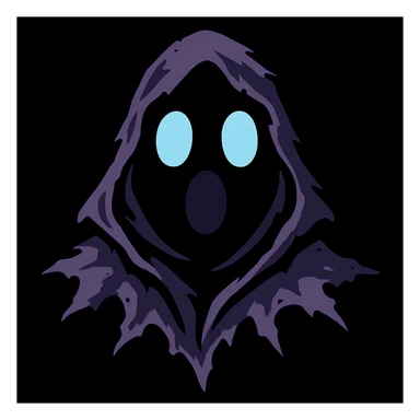 Refine the torn and ruffled hood details, making the edges more jagged and intricate, with extra emphasis on the tattered, ethereal look. Keep the surprised expression and the interplay of light and shadow forming the face, with no background. sticker