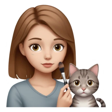A image of a girl with light brown hair doing her makeup with her grey tabby cat sticker