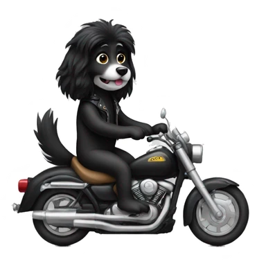 Black long haired dog riding a motorcycle  sticker