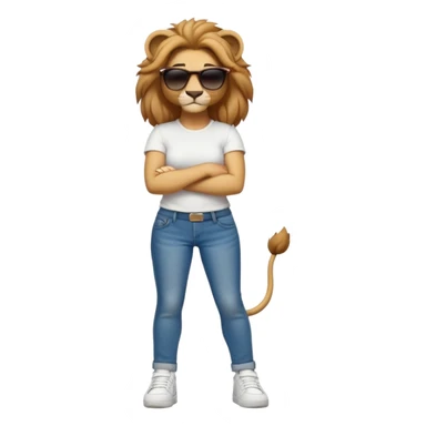friendly anthropomorphised female lion character, full body, standing confidently with legs shoulder width apart and arms folded, wearing jeans, a white t-shirt, dark sunglasses, and trainers, with a determined expression sticker